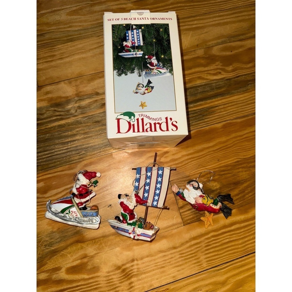 Dillard's Trimmings Beach Santa Ornament Set of 3 Boat Jet Ski Snorkel Christmas
